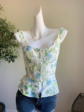 Finesse Blue Floral Peplum Cami Top Smocked Back Size L